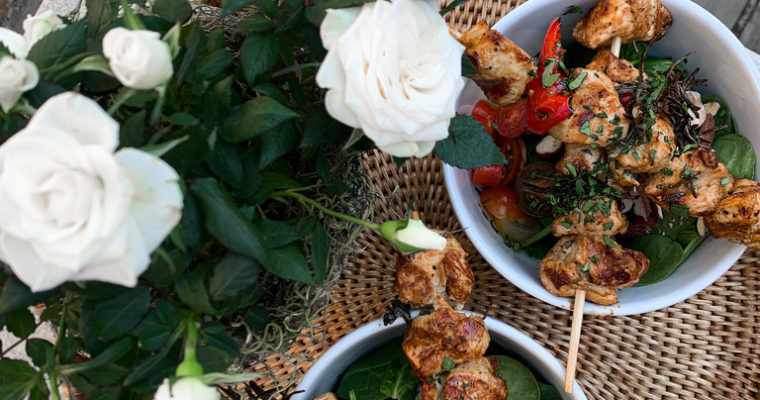 Grilled Chicken Skewers with Spinach Salad