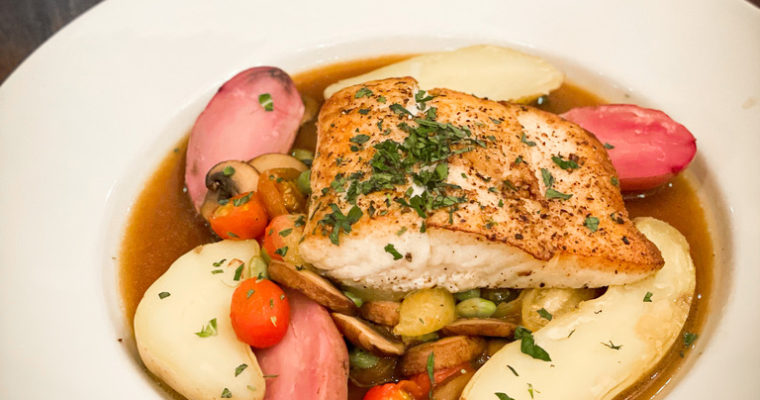 Sautéed Sea Bass in Tarragon Mushroom Broth