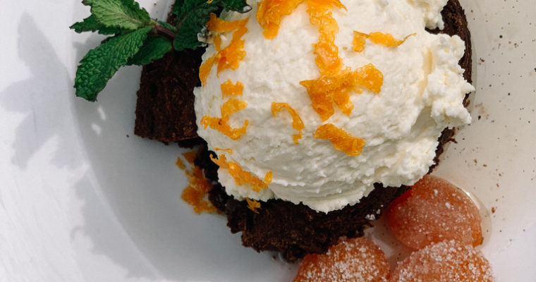 Chocolate Lava Cake with Orange Mascarpone Cream, Candied Kumquats and Cinnamon Vanilla Syrup