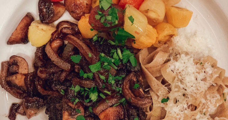 Skillet Hamburger with Bourbon Caramelized Onions and Mushrooms