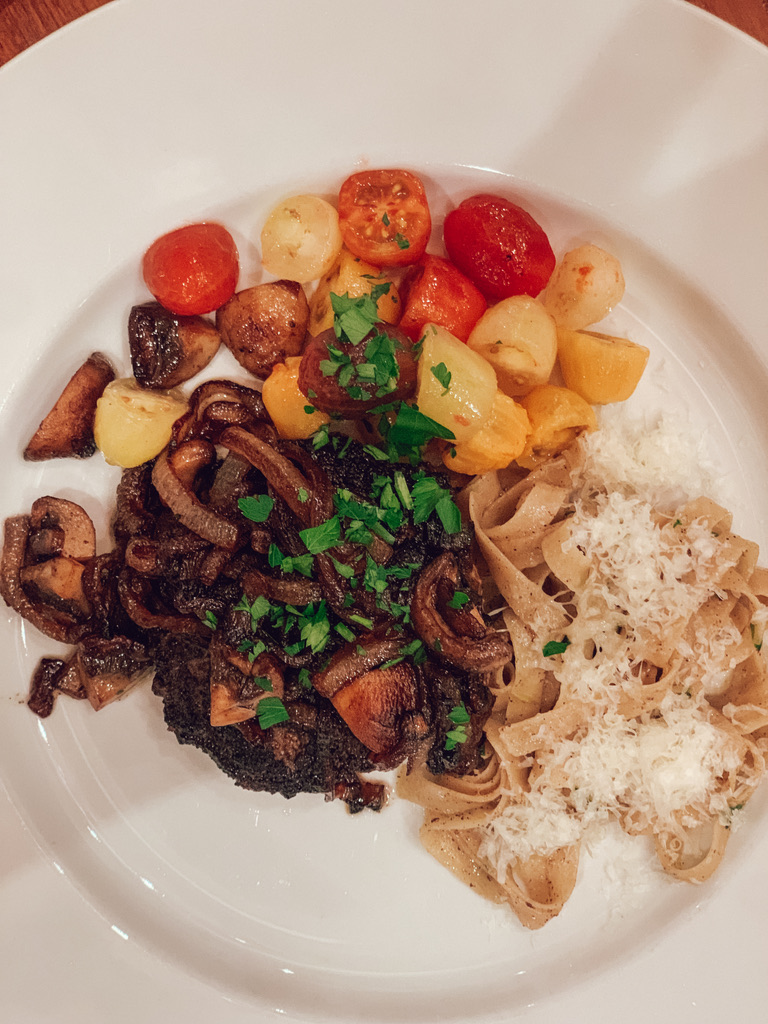 Skillet Hamburger with Bourbon Caramelized Onions and Mushrooms